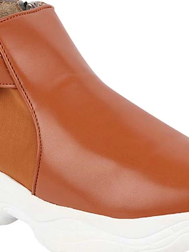 Stylestry Womens & Girls Tan Zipper Mid Top Heeled Boots