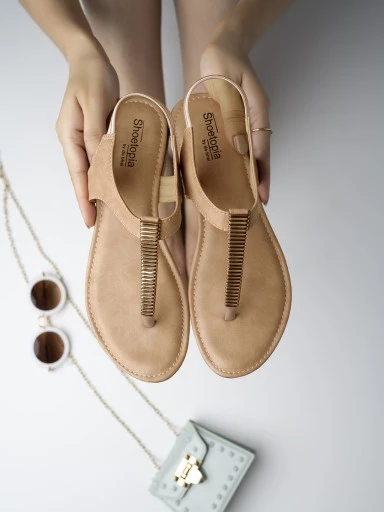 Stylestry Womens & Girls Beige Embellished T-Strap Flats