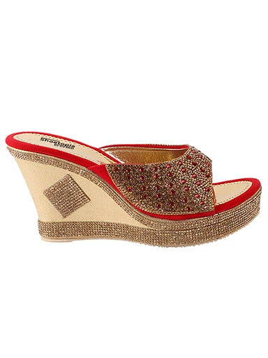 Stylestry Women's & Girl's Red Embellished Ethnic Wedges Heels Sandals