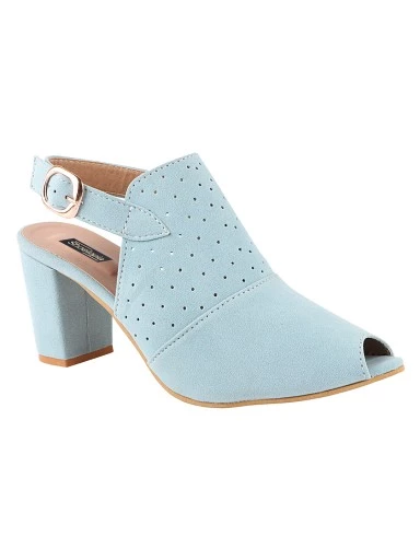 Stylestry Womens & Girls Blue Laser Cuts Peep-Toed Heeled Mules