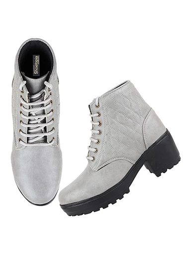 Stylestry Womens & Girls Lace Up High Top Solid Grey Heeled Boots