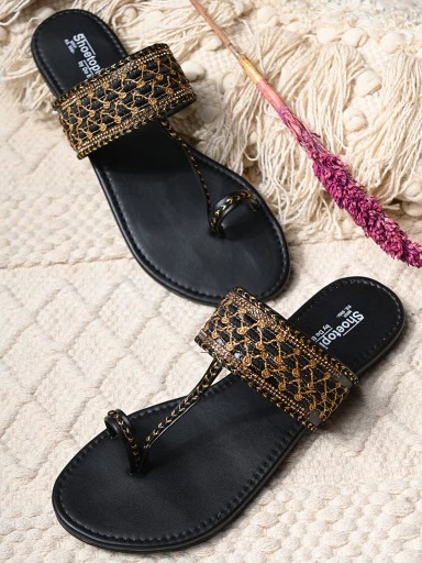 Stylestry Womens & Girls Black Woven Design One Toe Flats