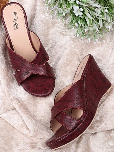 Stylestry Maroon Animal Textured Wedge Peep Toes