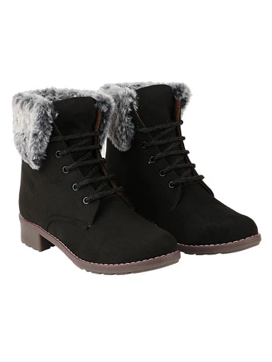 Stylestry Womens & Girls Black Solid Lace Up Fur Boots