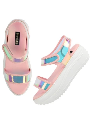 Stylestry Pink Embellished Flatform Heeled Sandals