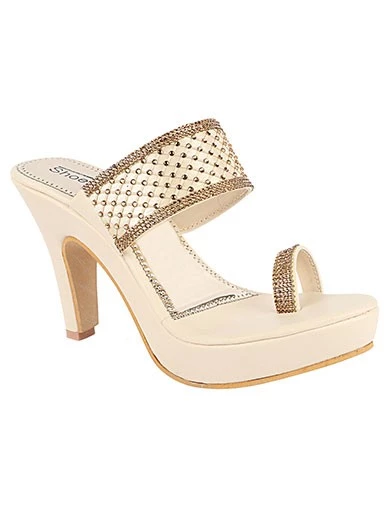 Stylestry Womens & Girls Cream One Toe Ethnic-Embellished Slim Heels