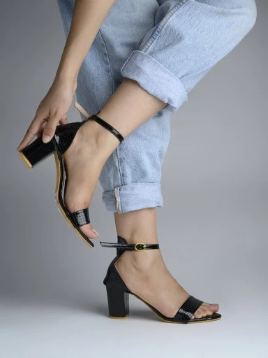 Stylestry Womens & Girls Black Woven Design Block Heels Sandals
