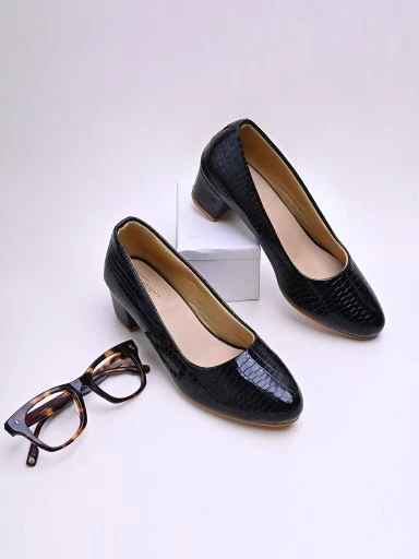 Stylestry Womens & Girls Black Textured Block Pumps