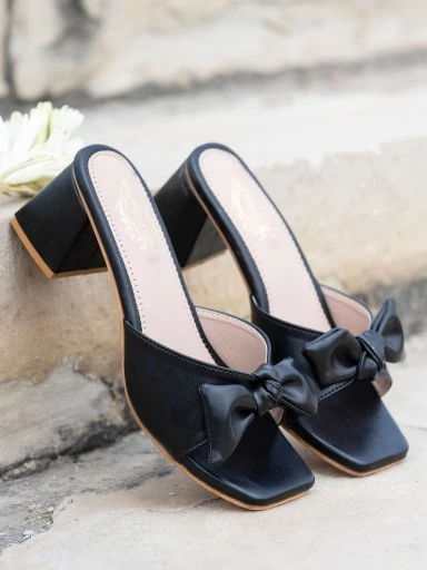 Stylestry Trendy Casual Party Wear Bow Decor Black Block Heels For Women & Girls