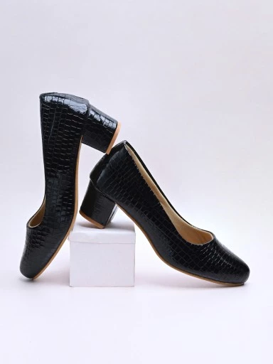 Stylestry Womens & Girls Black Textured Block Pumps