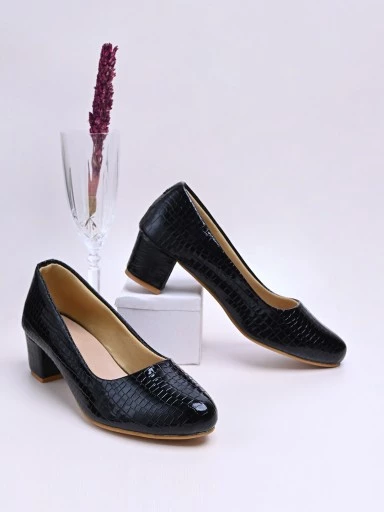 Stylestry Womens & Girls Black Textured Block Pumps