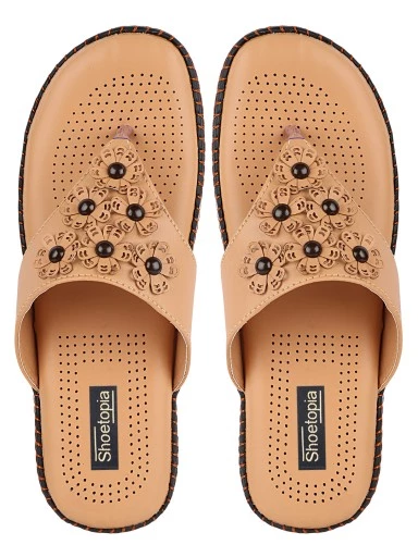 Stylestry Women Beige Black Embellished T-Strap Flats