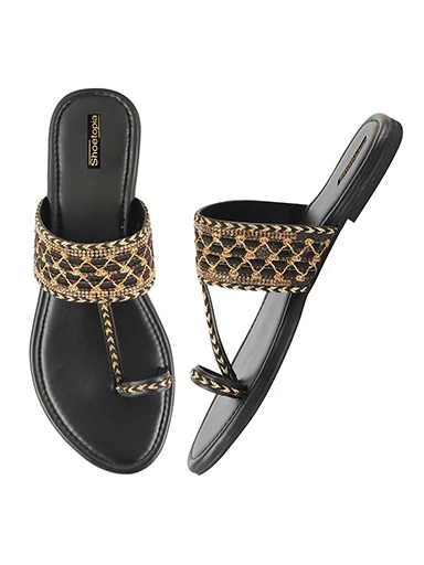Stylestry Womens & Girls Black Woven Design One Toe Flats