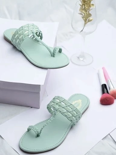Stylestry Womens & Girls Green Solid Faux Fur One Toe Flats