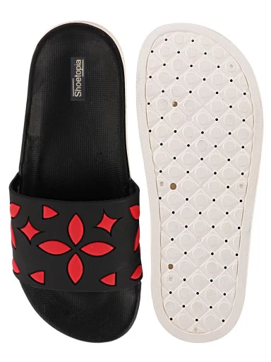 Stylestry Women Black & Red Printed Sliders
