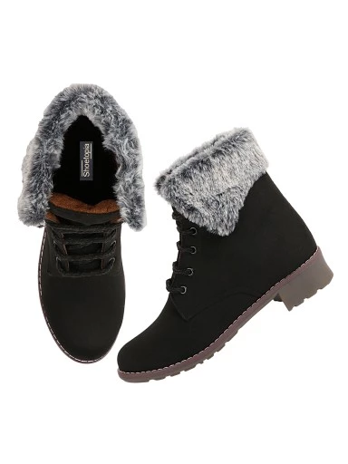 Stylestry Womens & Girls Black Solid Lace Up Fur Boots