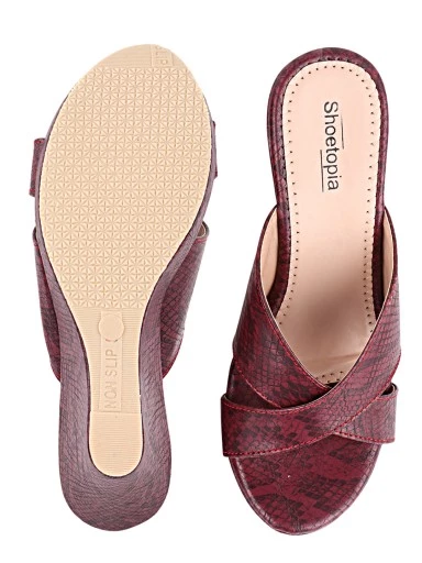 Stylestry Maroon Animal Textured Wedge Peep Toes