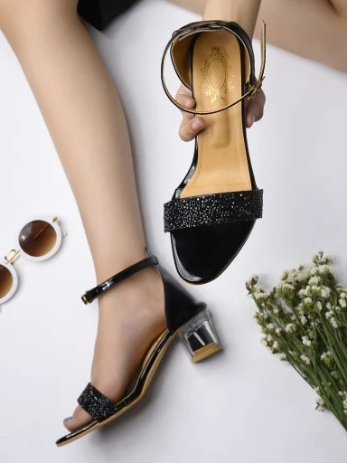 Stylestry Womens & Girls Black Transparent Block Heels Solid Sandals