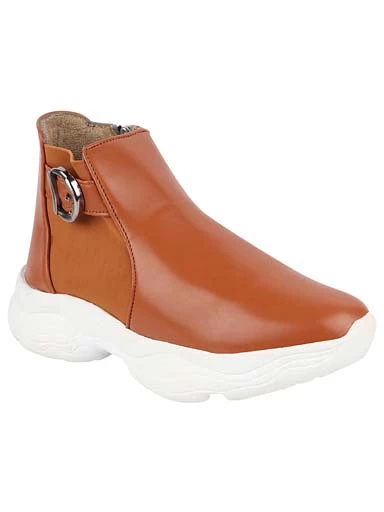 Stylestry Womens & Girls Tan Zipper Mid Top Heeled Boots