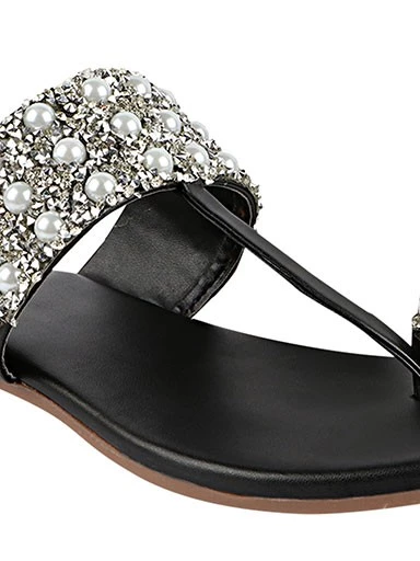Stylestry Womens & Girls Black & Silver-Toned Embellished Leather Ethnic One Toe Flats