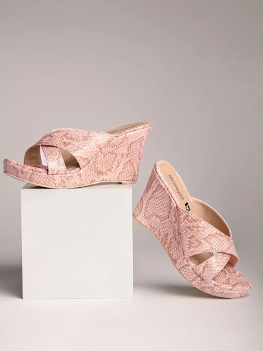 Stylestry Women Peach-Coloured Printed Wedge Peep Toes