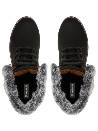 Stylestry Womens & Girls Black Solid Lace Up Fur Boots