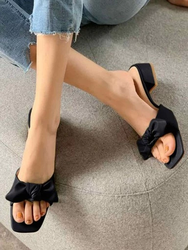 Stylestry Trendy Casual Party Wear Bow Decor Black Block Heels For Women & Girls