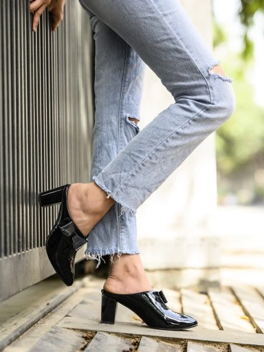 Stylestry Womens & Girls Black Block Mules with Bows