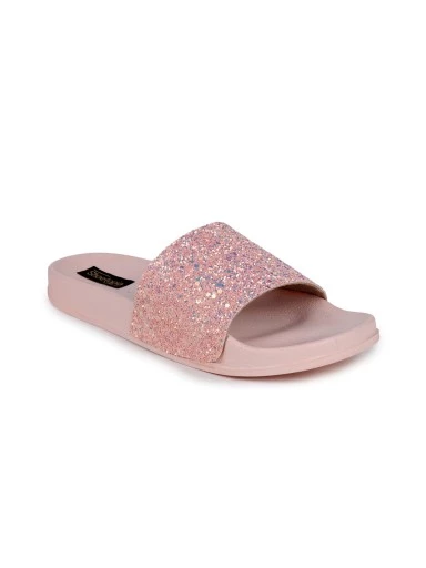 Stylestry Women Pink Embellished Rubber Sliders