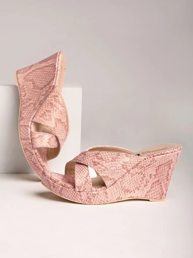 Stylestry Women Peach-Coloured Printed Wedge Peep Toes
