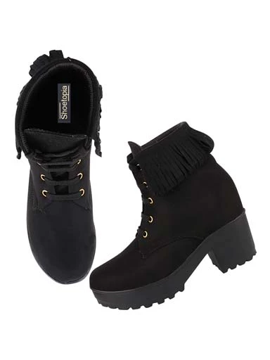 Stylestry Womens & Girls Black Lace Up Heeled Boots