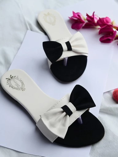 Stylestry Womens & Girls White & Black Colourblocked Open Toe Flats