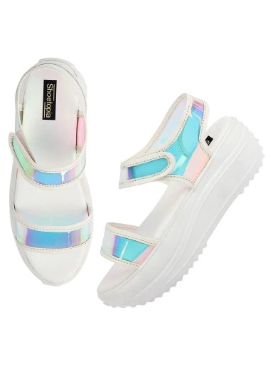 Stylestry White Embellished Flatform Heeled Sandals