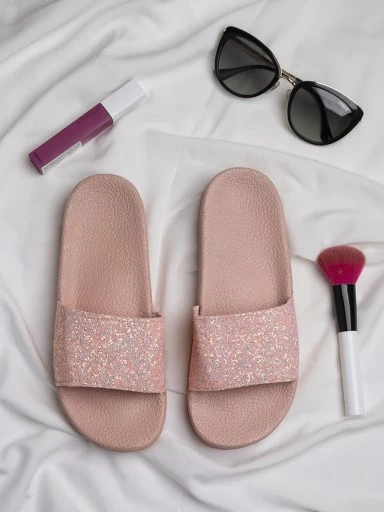 Stylestry Women Pink Embellished Rubber Sliders