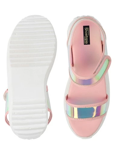 Stylestry Pink Embellished Flatform Heeled Sandals