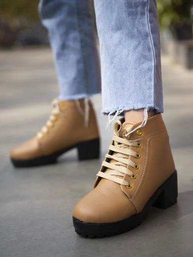 Stylestry Womens & Girls Beige High-Top Platform Heeled Boots