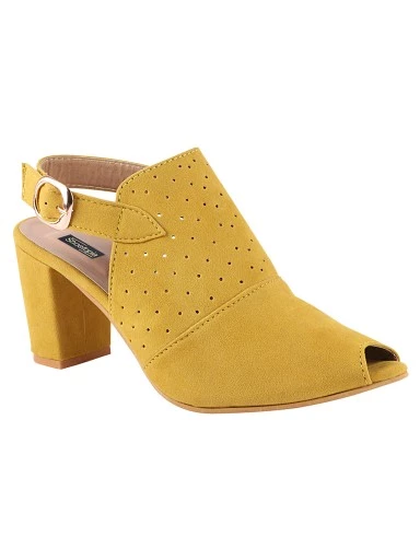 Stylestry Womens & Girls Yellow Laser Cuts Peep-Toed Heeled Mules