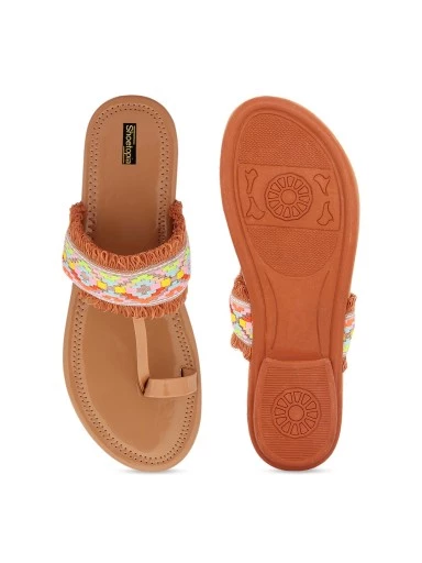 Stylestry Women Tan Brown Woven Design One Toe Flats