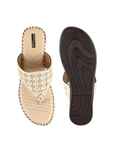 Stylestry Women Cream Laser Cuts Open Toe Flats