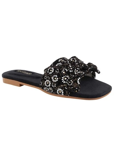 Stylestry Women Black Embellished Open Toe Flats with Bows