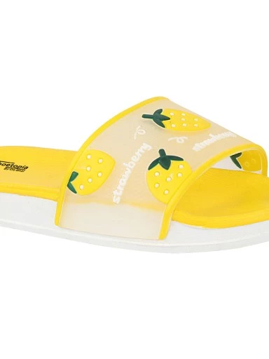 Stylestry Women Transparent & Yellow Printed Sliders