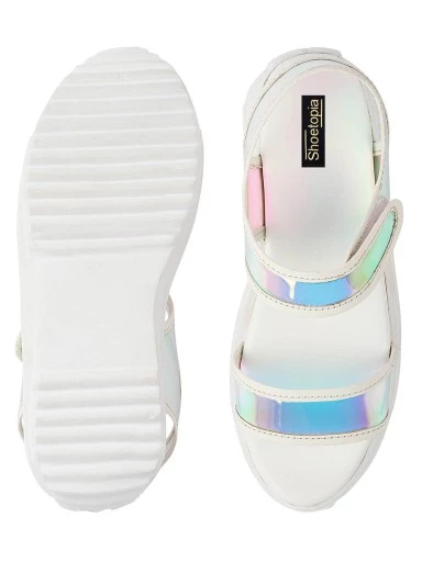Stylestry White Embellished Flatform Heeled Sandals