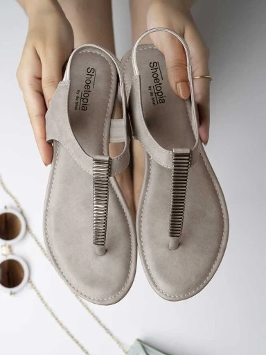 Stylestry Womens & Girls Grey Embellished T-Strap Flats