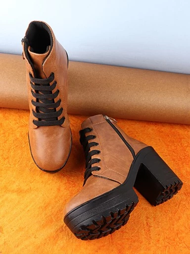 Stylestry Womens & Girls Tan Coloured Solid Lace Up Boots