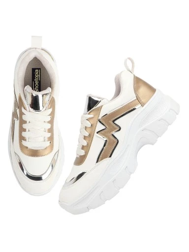 Stylestry Women White & Gold Mesh Walking Shoes