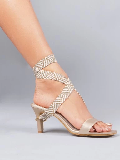 Stylestry Trendy Stylish Embellished Golden Heeled Sandals For Women & Girls
