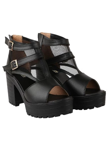 Stylestry Black Platform Peep Toes with Buckles