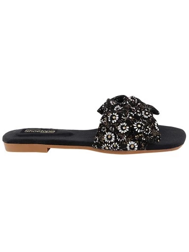 Stylestry Women Black Embellished Open Toe Flats with Bows