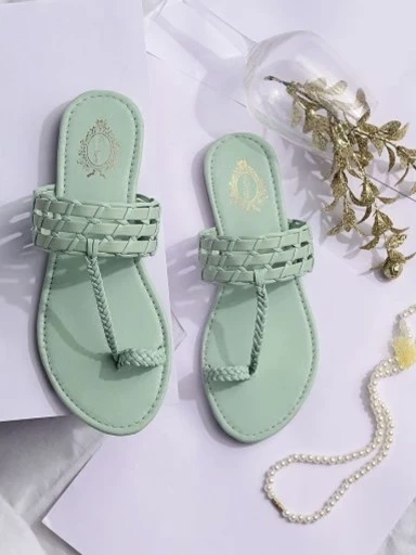 Stylestry Womens & Girls Green Solid Faux Fur One Toe Flats