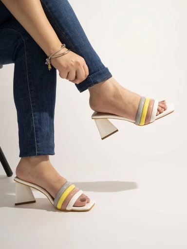 Stylestry Trendy Casual Party Wear Stylish Upper Striped White Block Heels For Women & Girls